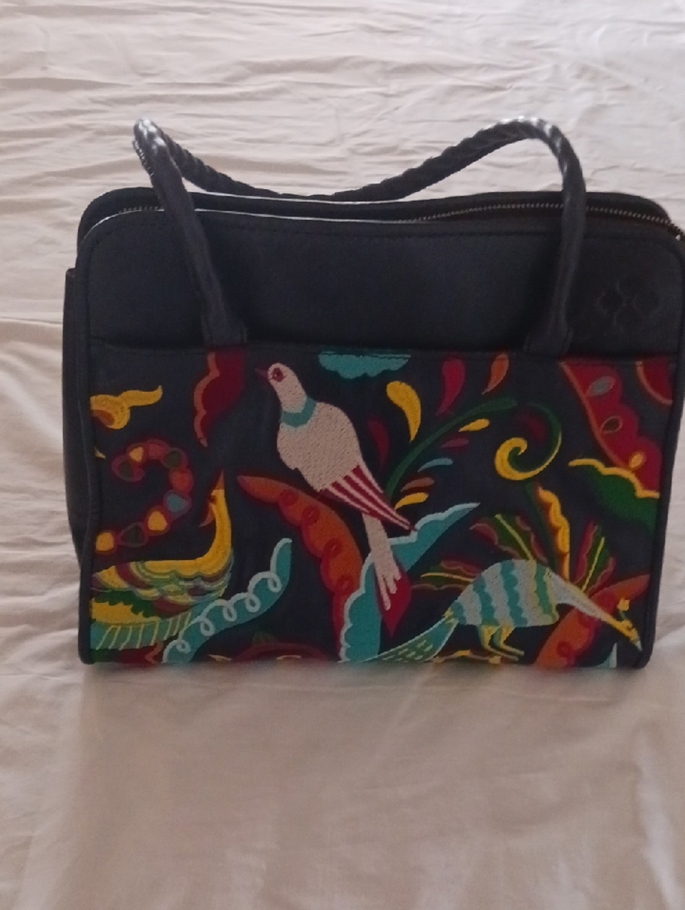 Patricia Nash Black Tote with Colorful Bird & Floral Embroidery